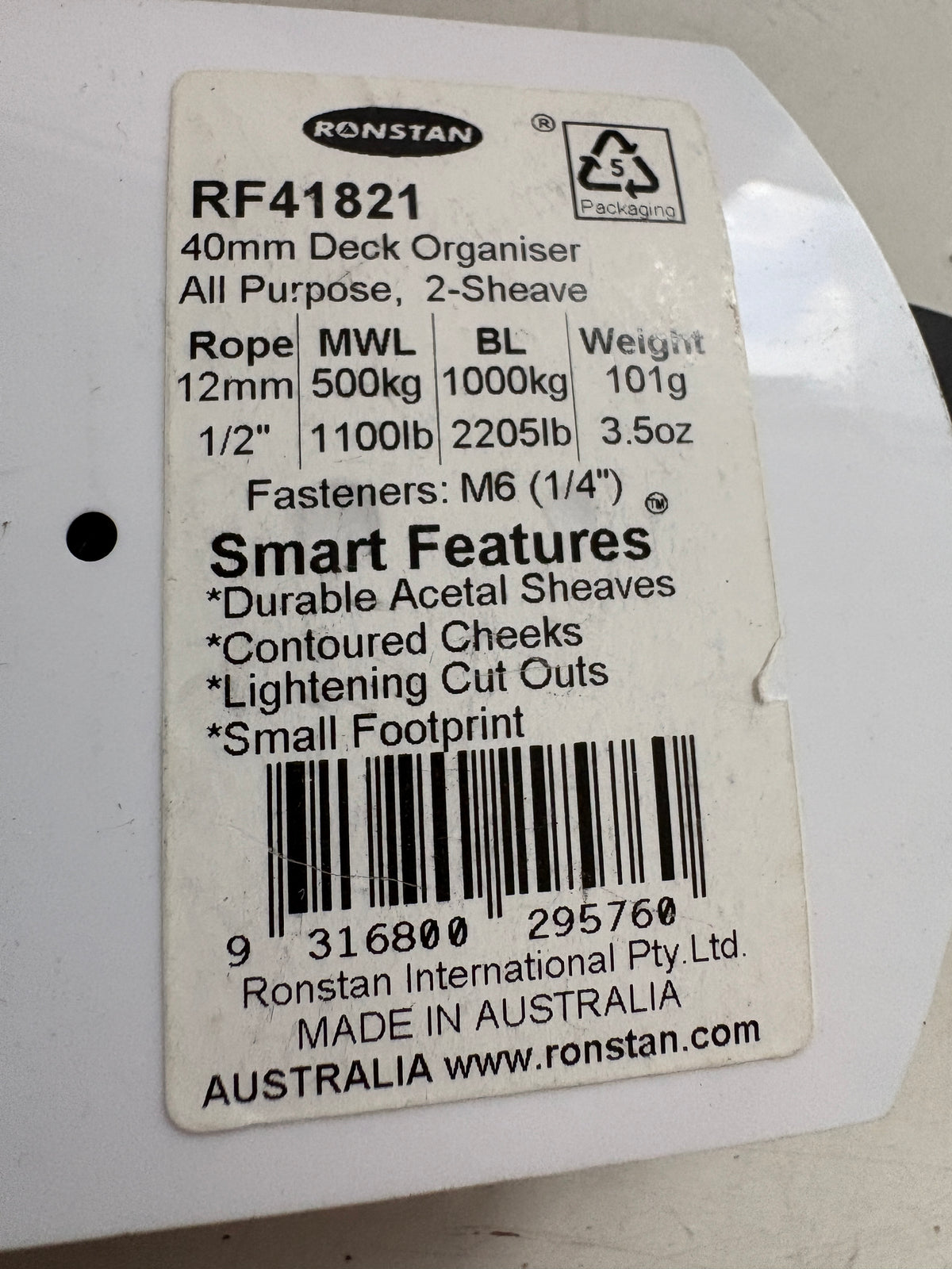 Ronstan RF41821 Deck Organizer 2 Sheave 1/2" line BRAND NEW