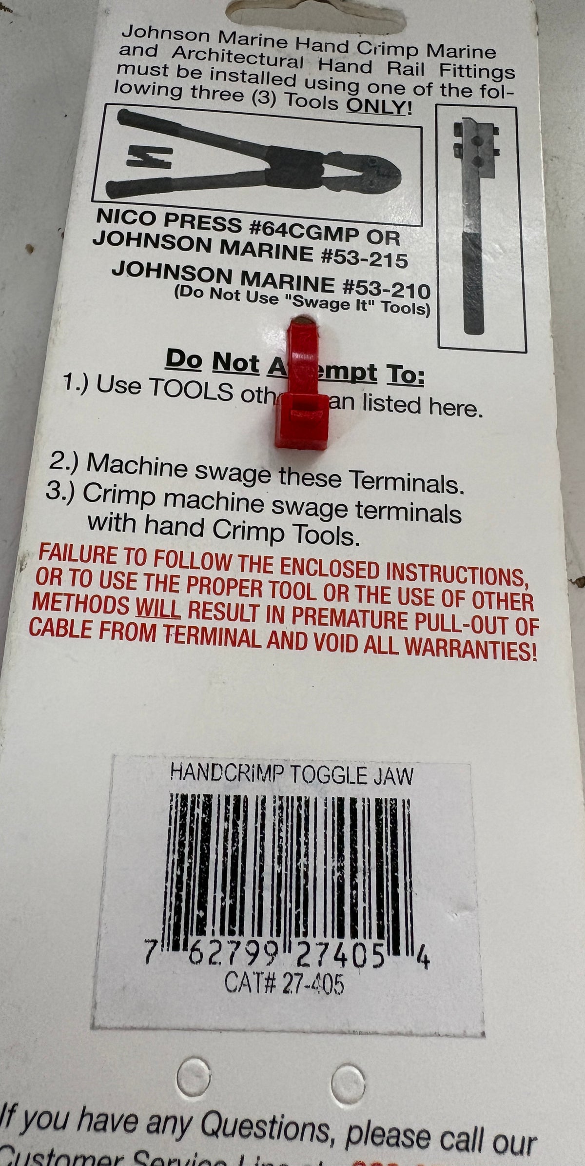CS Johnson Handcrimp Toggle Jaw CAT #27-405 NEW
