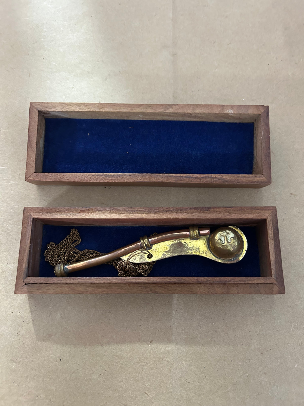 Vintage WW2 Bronzed Boatswain Whistle with 6" wooden box