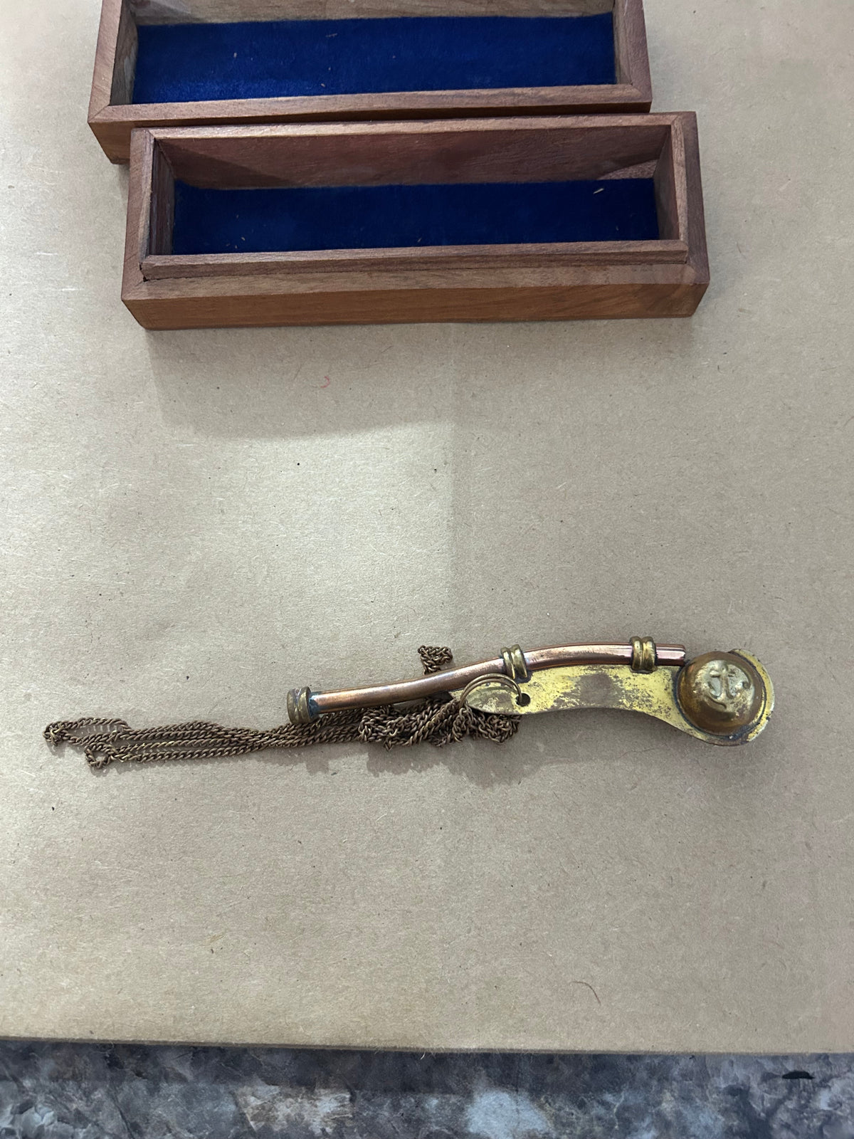 Vintage WW2 Bronzed Boatswain Whistle with 6" wooden box