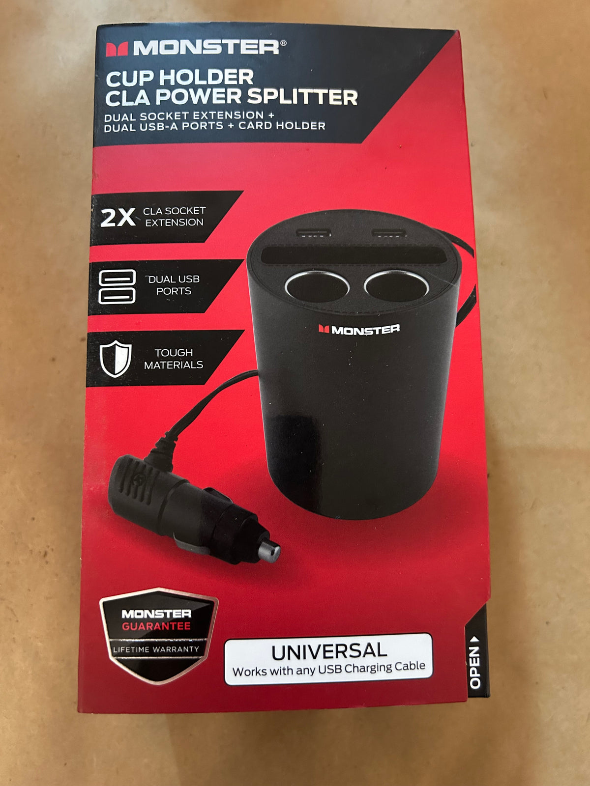Monster Cup Holder CLA Power Splitter Dual USB-A Ports 12V Car Charger