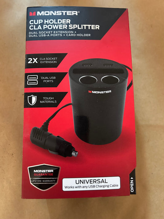 Monster Cup Holder CLA Power Splitter Dual USB-A Ports 12V Car Charger