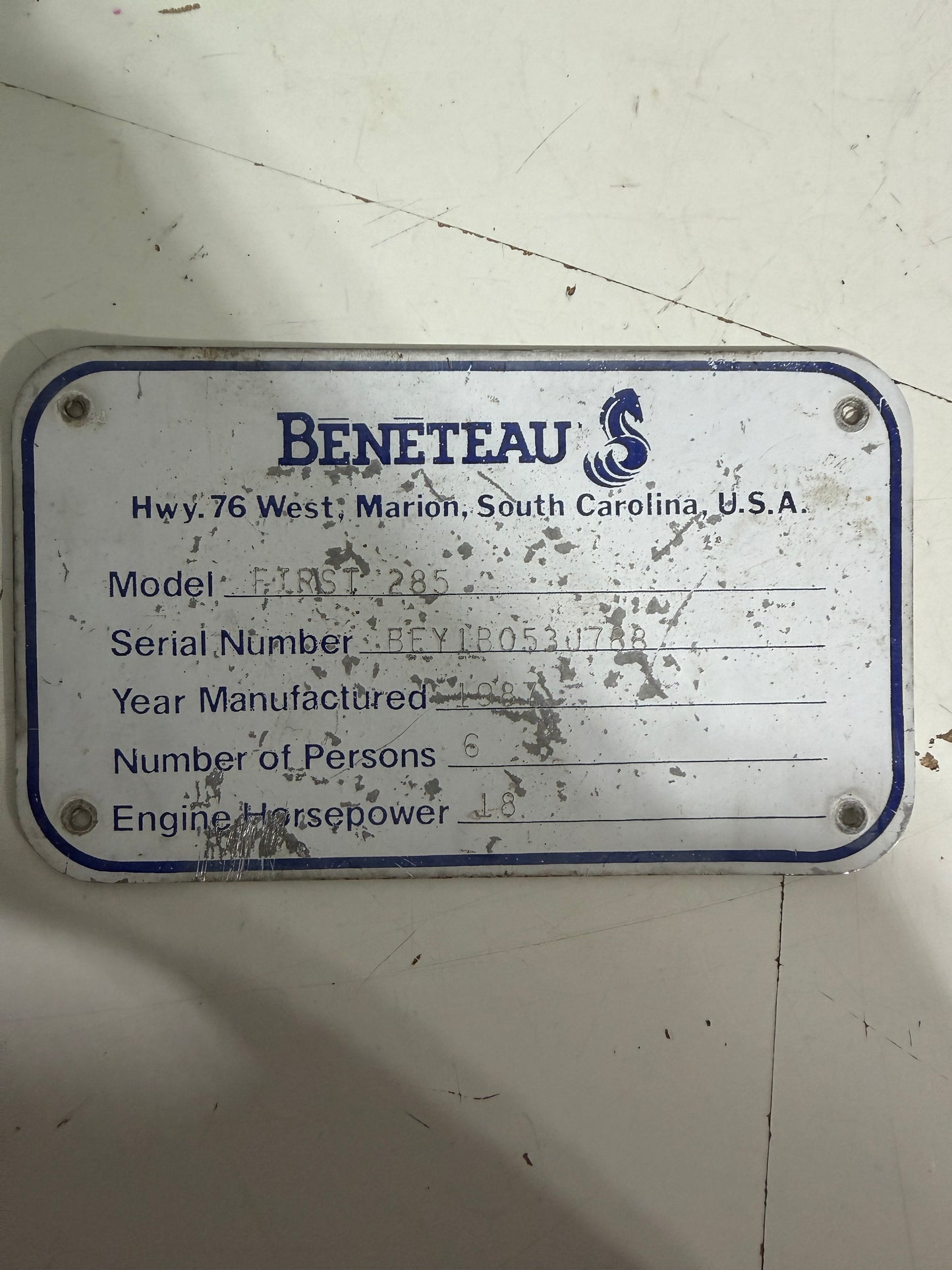Beneteau FIRST 285 Aluminum Builders Plate - Serial Number BEY1B053U788