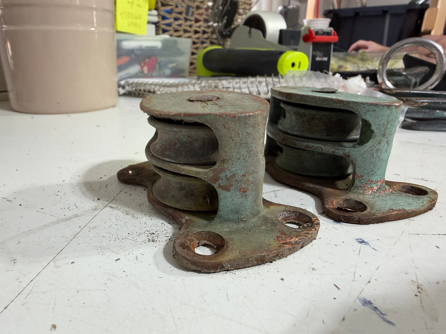PAIR Vintage Bronze 1 5/8" Double Sheave Cheek Blocks - 1/4" Line
