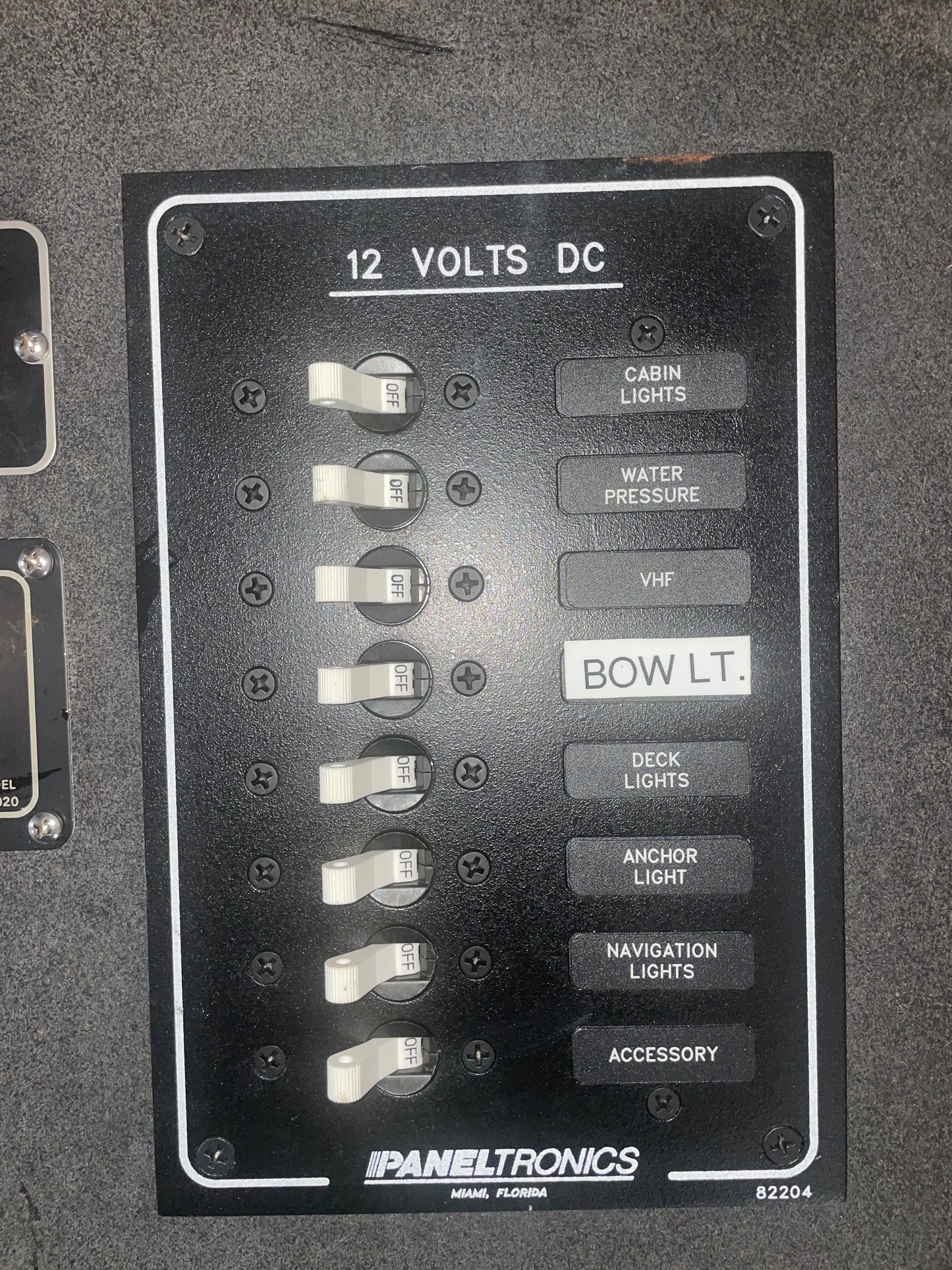 Paneltronics 8 Switch 12 VDC Panel With Bilge Pump Switch & Battery Test Switch ON DOOR