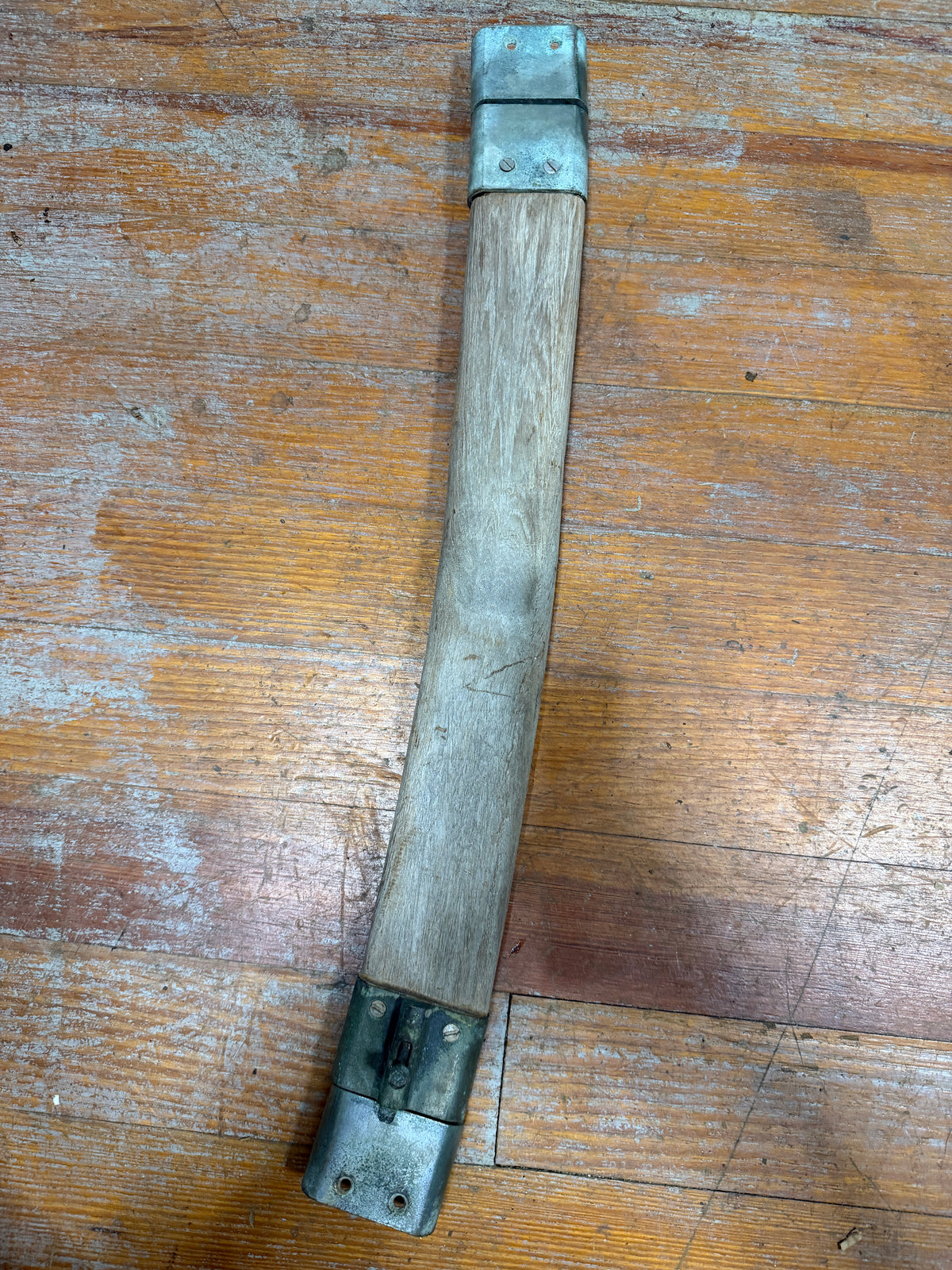 Set Of Locking and Unlocking Bronze Hinges / Latches On Curved Piece of Teak - 23 3/4" Total Length