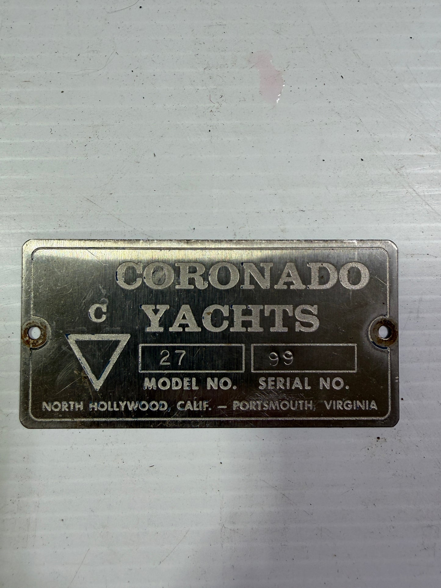 Coronado Yachts Model 27 Serial NO 99 Builders Plate