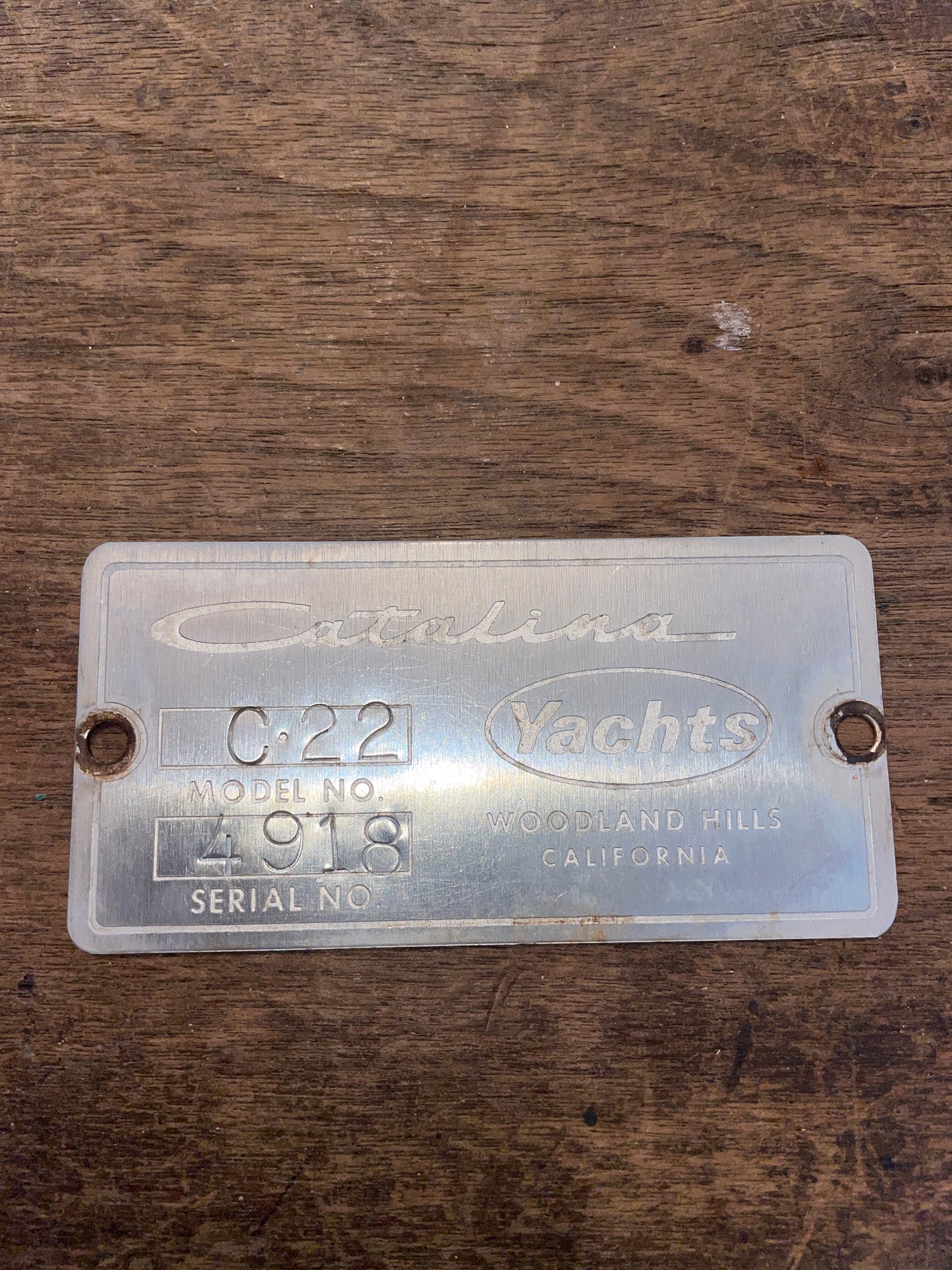 Catalina 22 Builders Plate Serial Number 4918