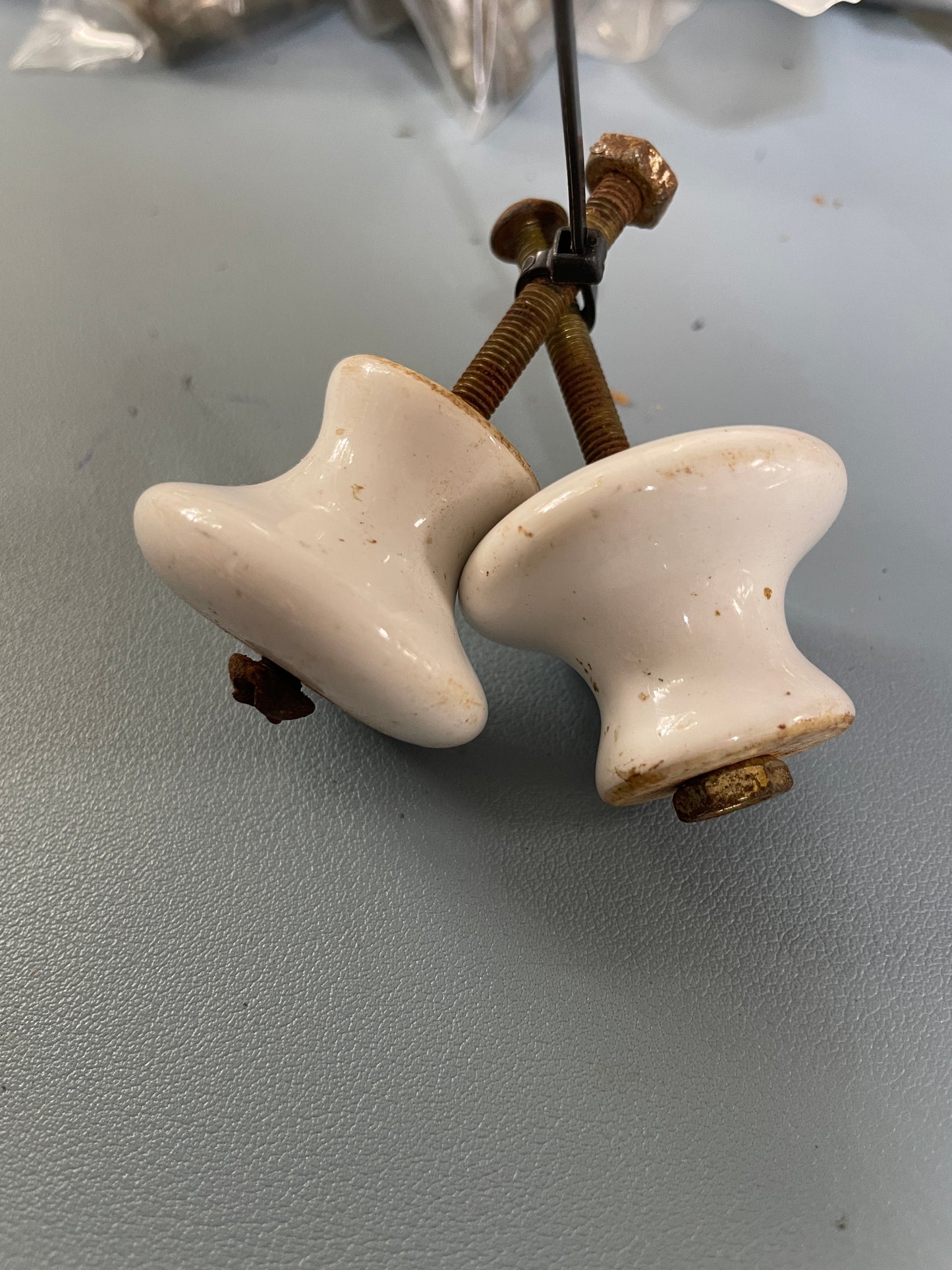PAIR Porcelain Door Knobs - Bronze Bolts - 1934 Eisenhower 50'