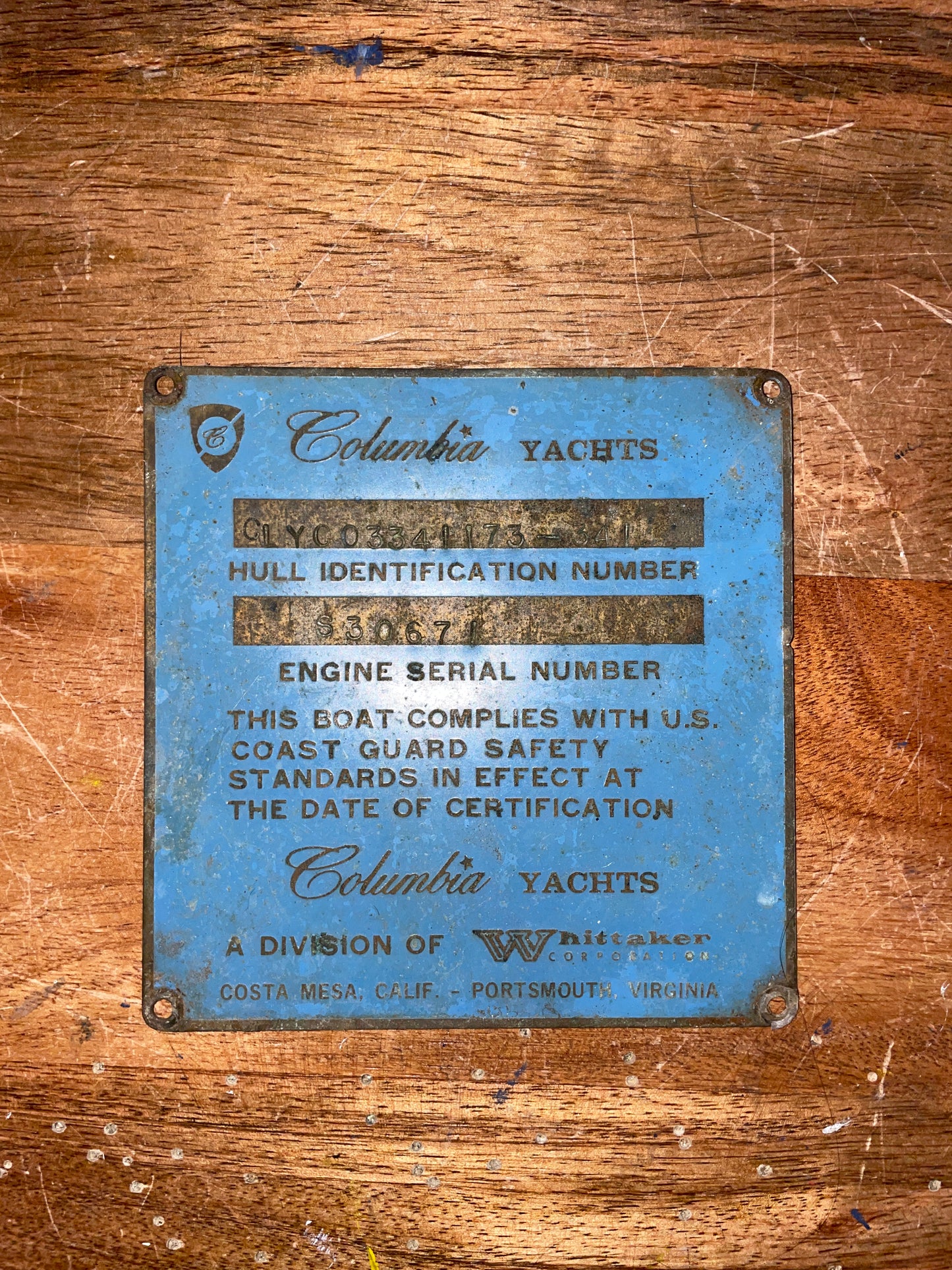 Brass Columbia Yachts Builders Plate HULL NO. CLYC03341173-341