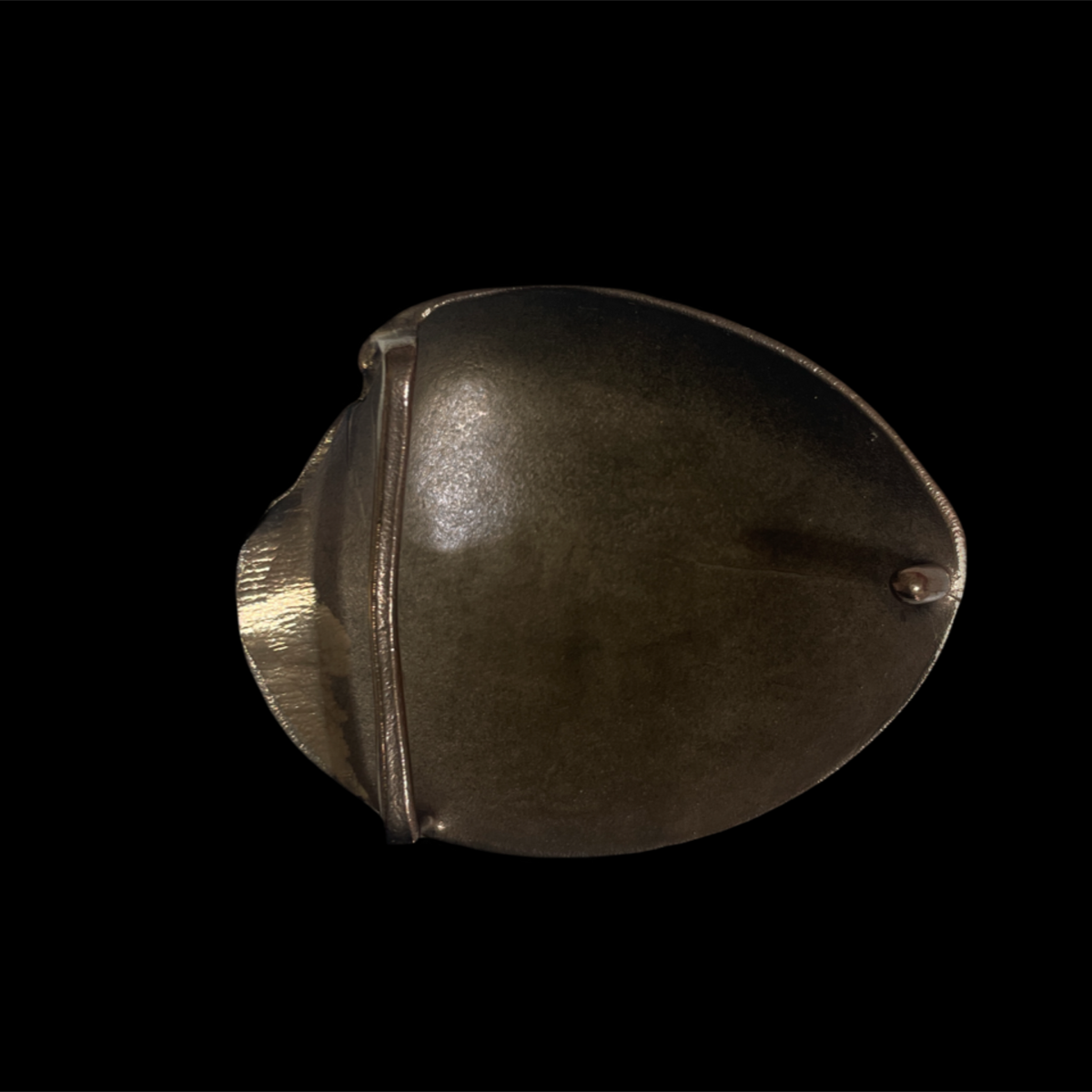 Round metallic object with a reflective surface on a black background