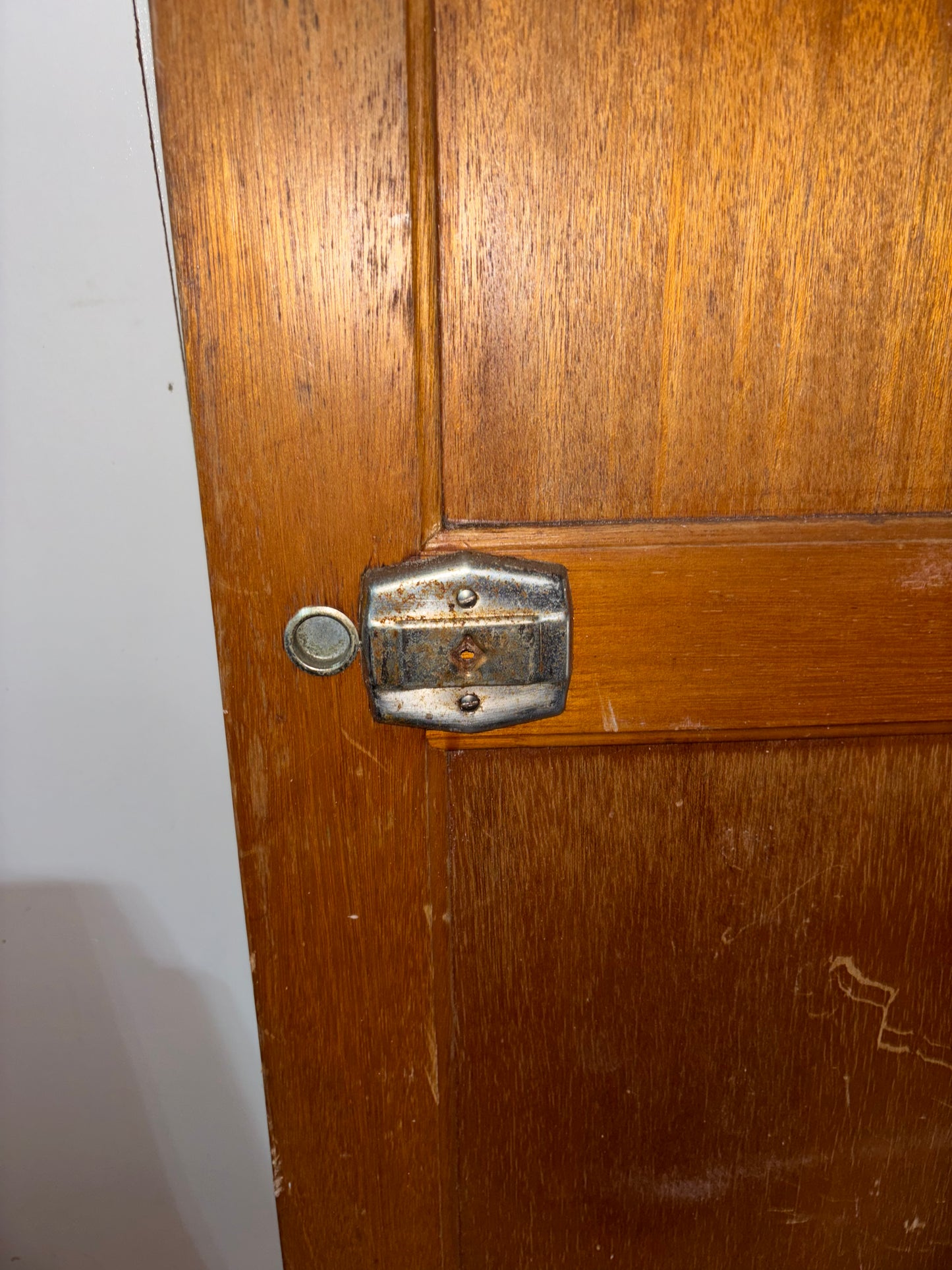 Close-up of a wooden door with a metal hinge.