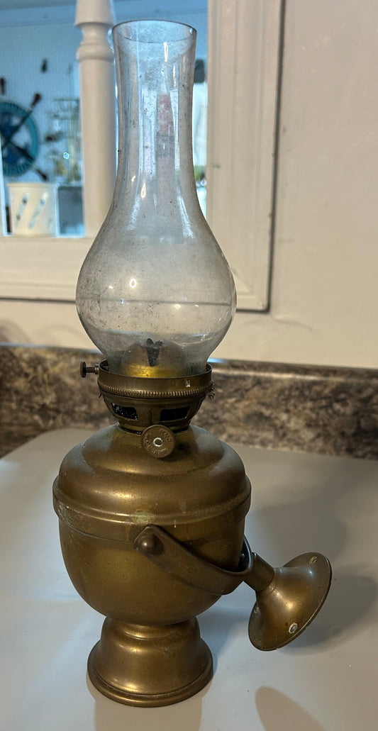 Vintage Brass Oil Lamp with Glass Chimney- 12 3/8”
