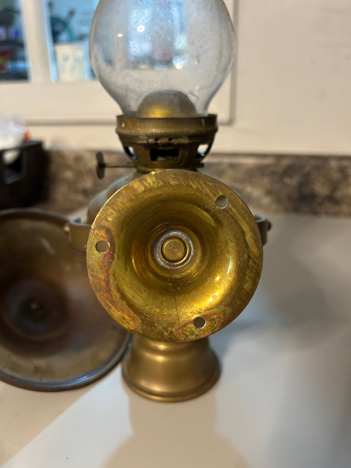 Vintage Brass Oil Lamp with Glass Chimney- 12 3/8”