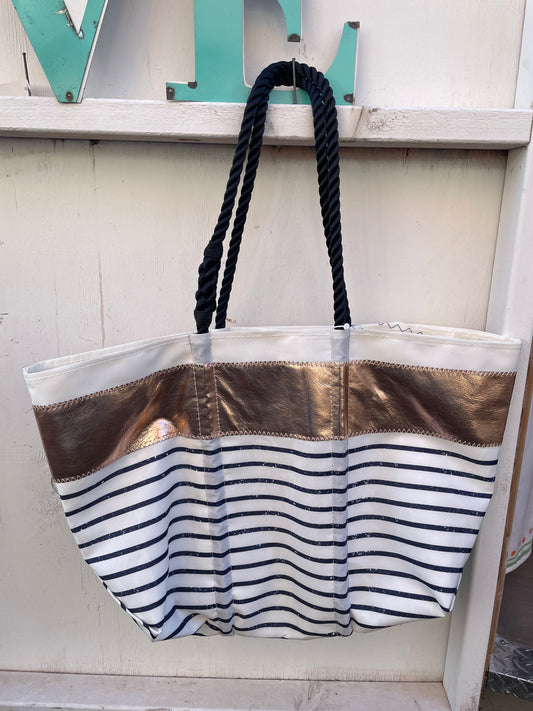 Golden Stripes Beach Bag, Nautical Sailor Bag, Linen and Leather