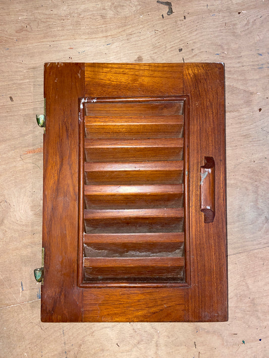 Small Teak Louvered Cabinet Door With Handle